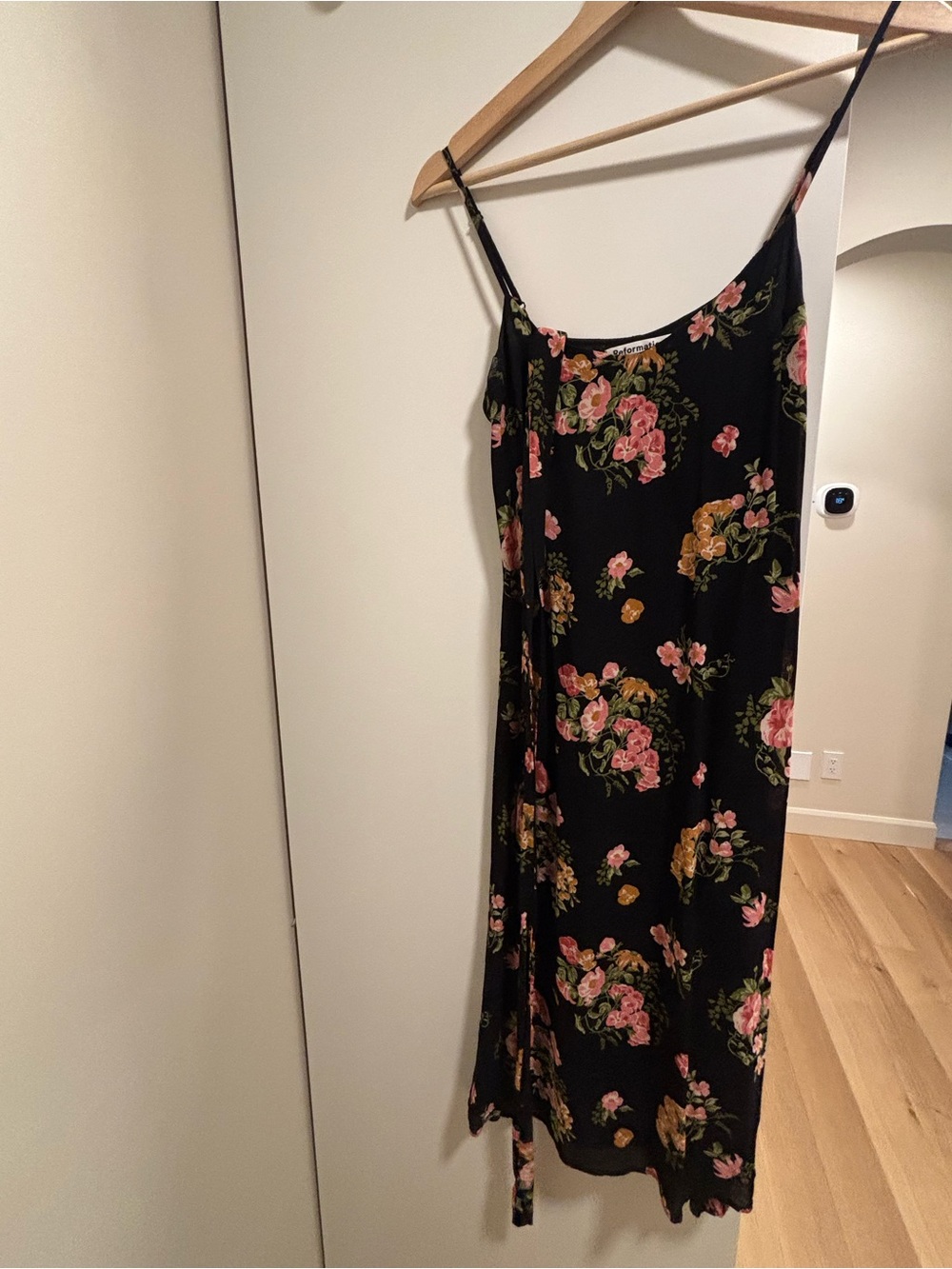 Reformation Black Floral Slip Maxi Dress with Pink & Green Blooms